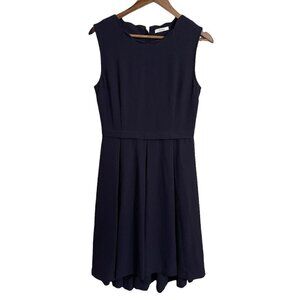 Esley Womens Navy Blue Scalloped Neck Pockets Fit Flare Knee Length Dress Medium